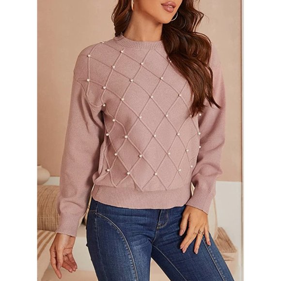 Sweaters Pink Pearl Embellished Ribbed Knit Long Sleeve Crewneck